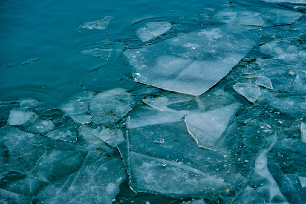 Why does ice float shown through thin sheets of ice floating on cold blue water.